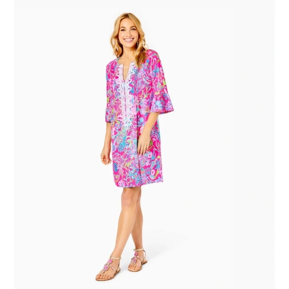 LILLY PULITZER Embroidered Neckline Tunic Dress Isle Shell Me Pink Size M NWT - Picture 2 of 7